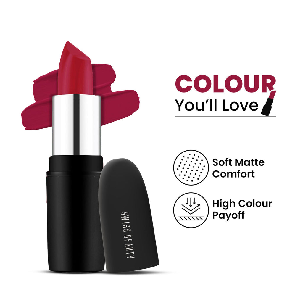 Swiss Beauty Pure Matte Lipstick , Non-Drying, Smooth Glide, Long Lasting - 224 Red Wine | Grocsy