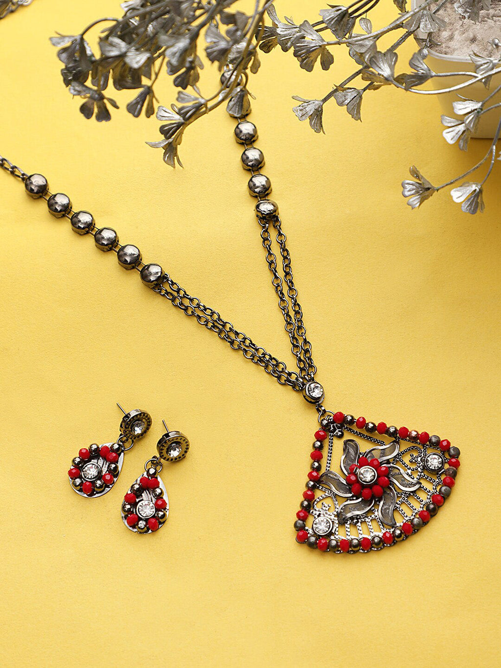 Cardinal Women Oxidised Silver-Plated Red Stone Studded & Beaded Jewellery Set | Grocsy