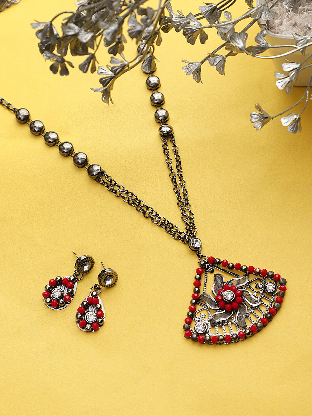 Cardinal Women Oxidised Silver-Plated Red Stone Studded & Beaded Jewellery Set | Grocsy