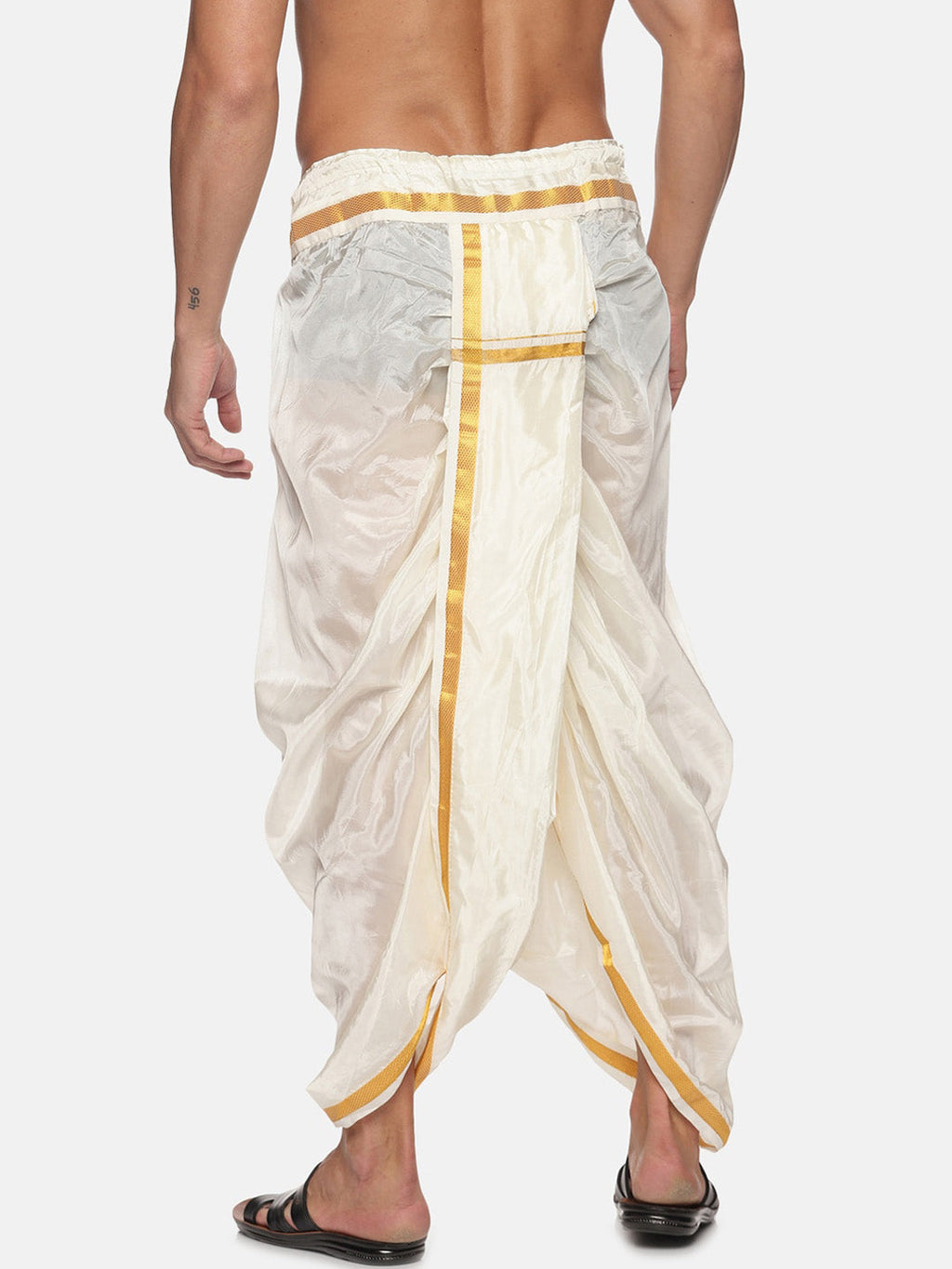 Sethukrishna Men Cream-Coloured & Golden Solid Silk Dhoti | Grocsy