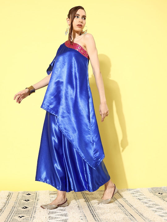 InWeave Women's Blue Pink Brocade Satin Oneshoulder Kurta Set | Grocsy