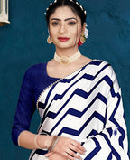 Blue Japan Satin Stripe Printed Saree With Unstitched Blouse Piece - Laavanya | Grocsy