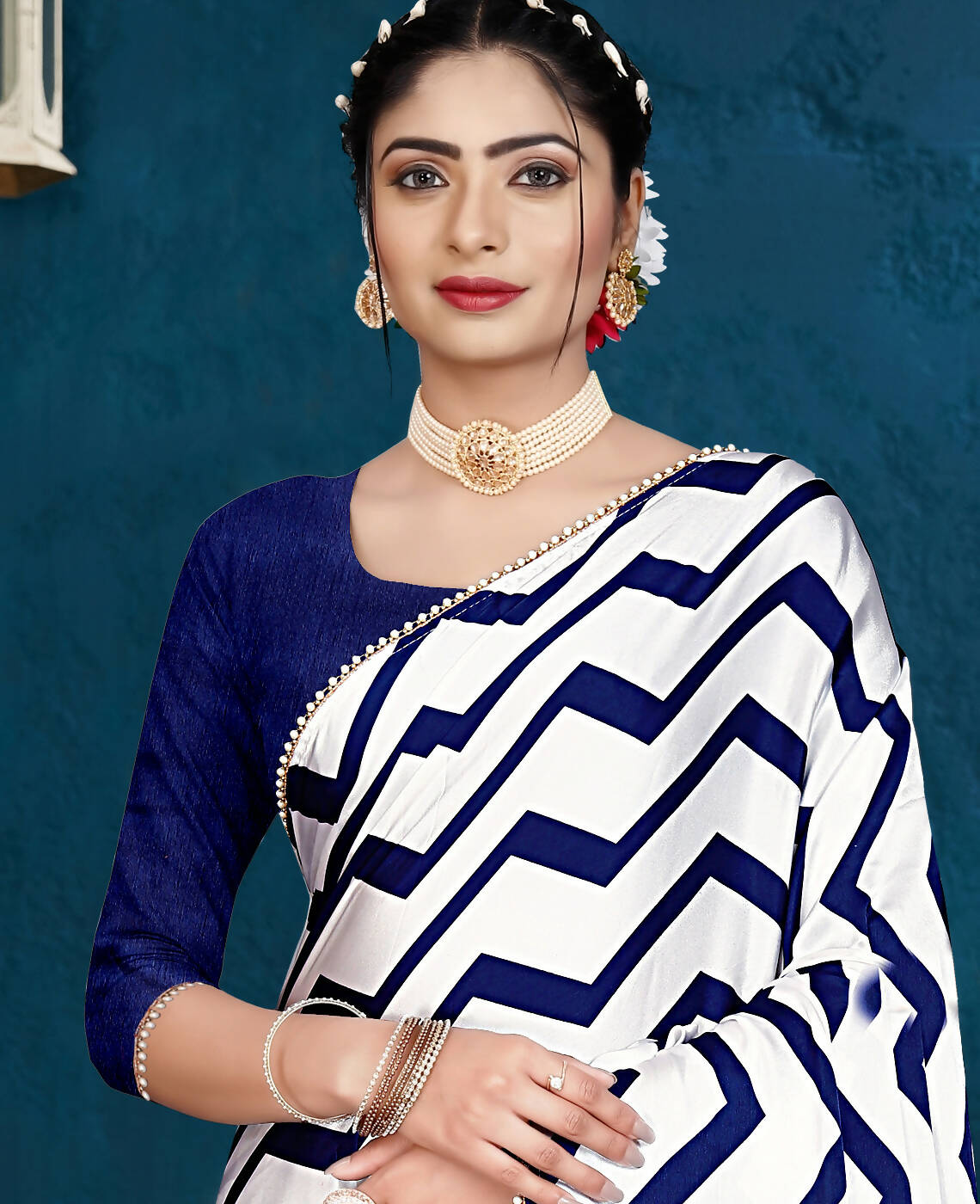 Blue Japan Satin Stripe Printed Saree With Unstitched Blouse Piece - Laavanya | Grocsy