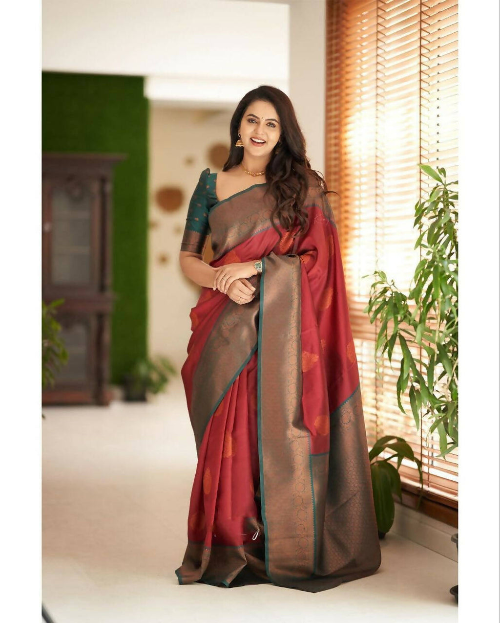 DEIANA'S Beautiful Designer Golden zari Soft Lichi Silk Saree - Maroon | Grocsy