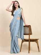 Blue Silk Satin Solid Ready to wear Saree with stitched Blouse - Satiksha | Grocsy