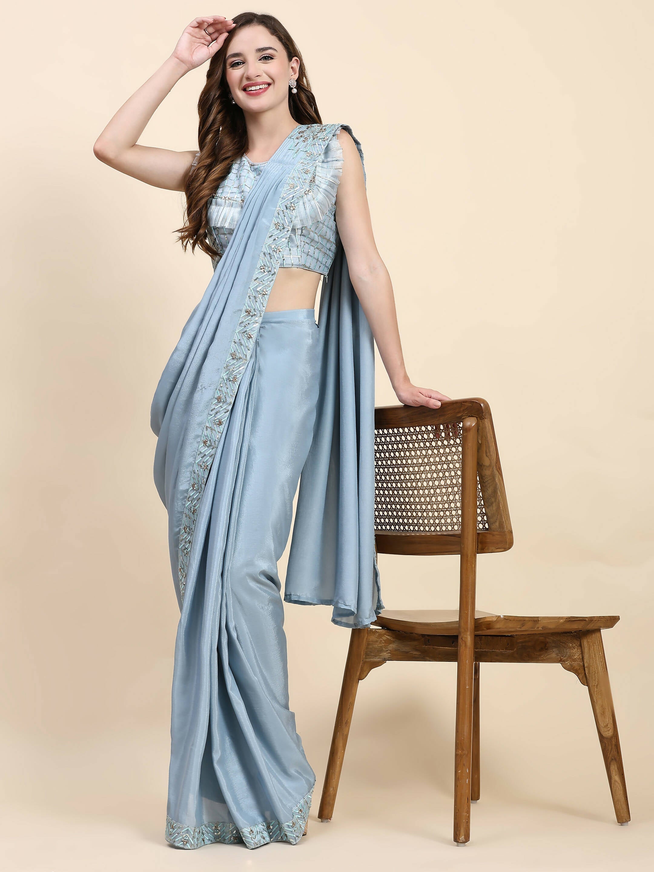 Blue Silk Satin Solid Ready to wear Saree with stitched Blouse - Satiksha | Grocsy
