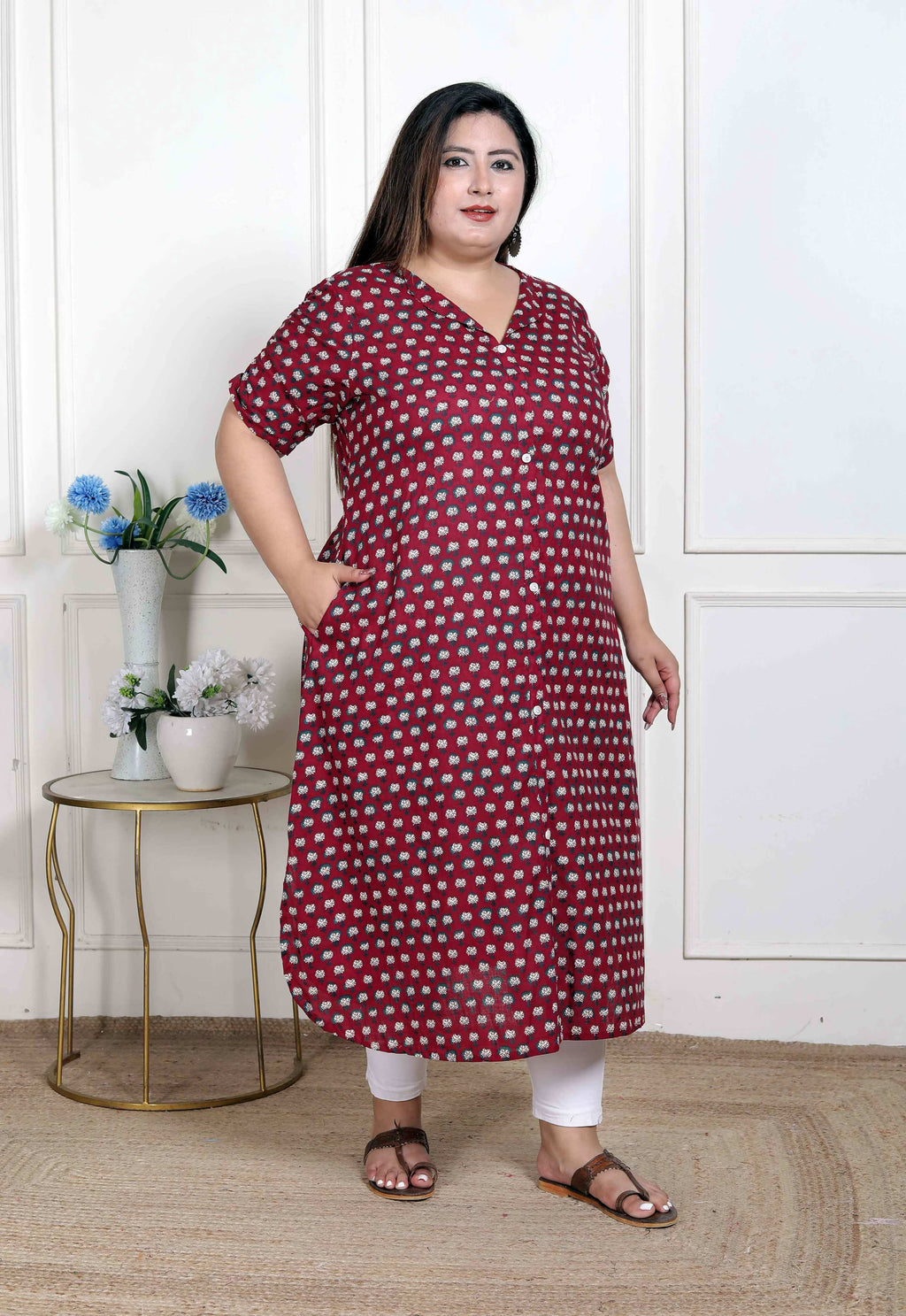 Miravan Women's Plus Size Relaxed Fit Red Floral Printed A-Line Pure Cotton Kurta | Grocsy
