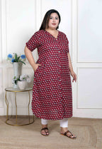 Miravan Women's Plus Size Relaxed Fit Red Floral Printed A-Line Pure Cotton Kurta | Grocsy