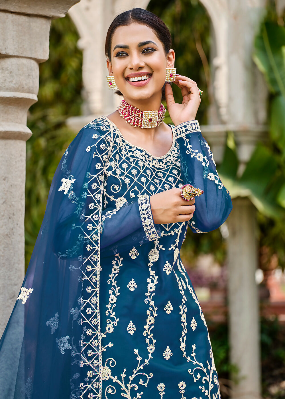 Prussian Blue Stone & Cording Work Festive Palazzo Suit - Emponline | Grocsy