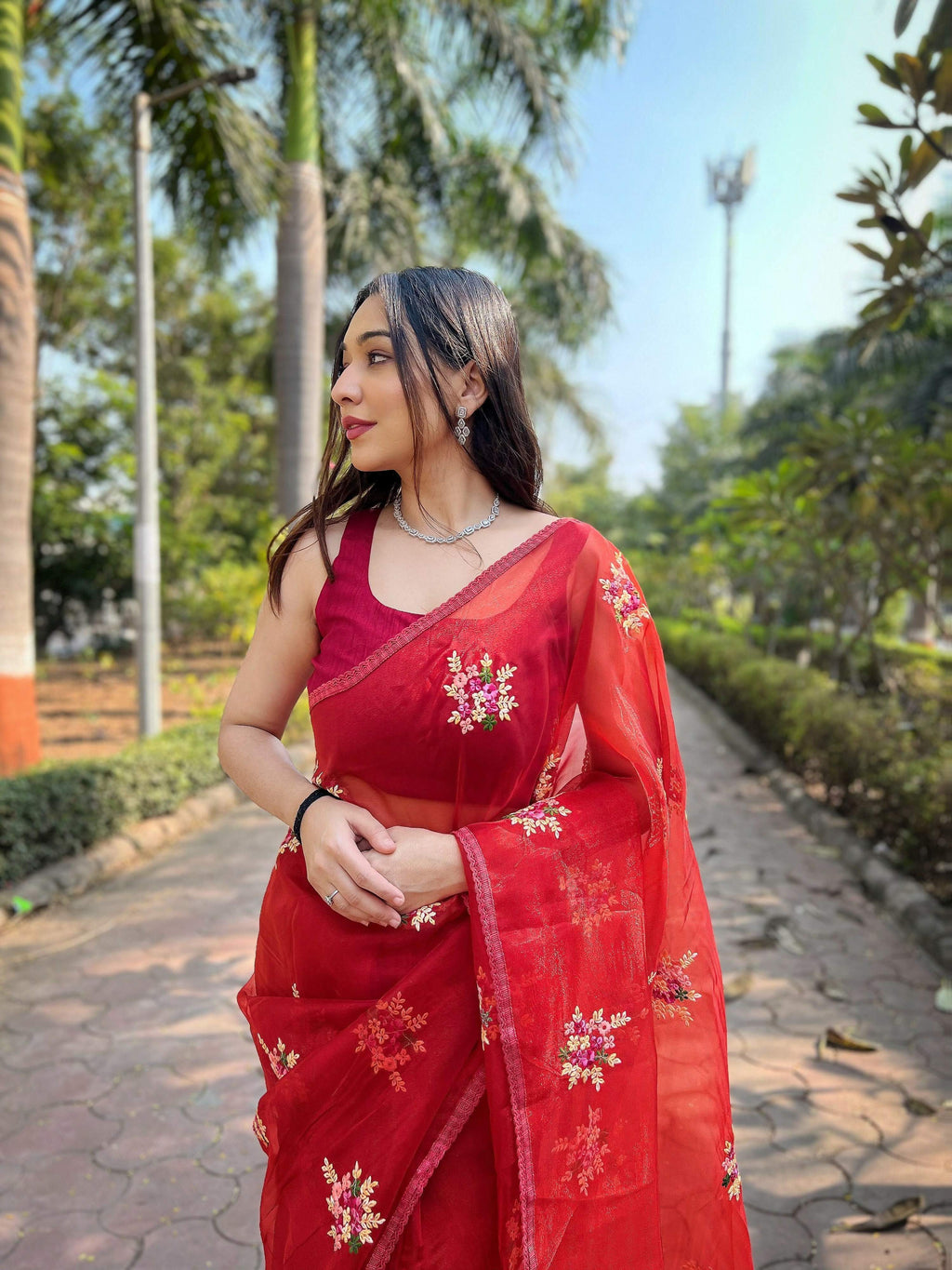 Vamsee Red-Garden Red Organza Saree | Grocsy