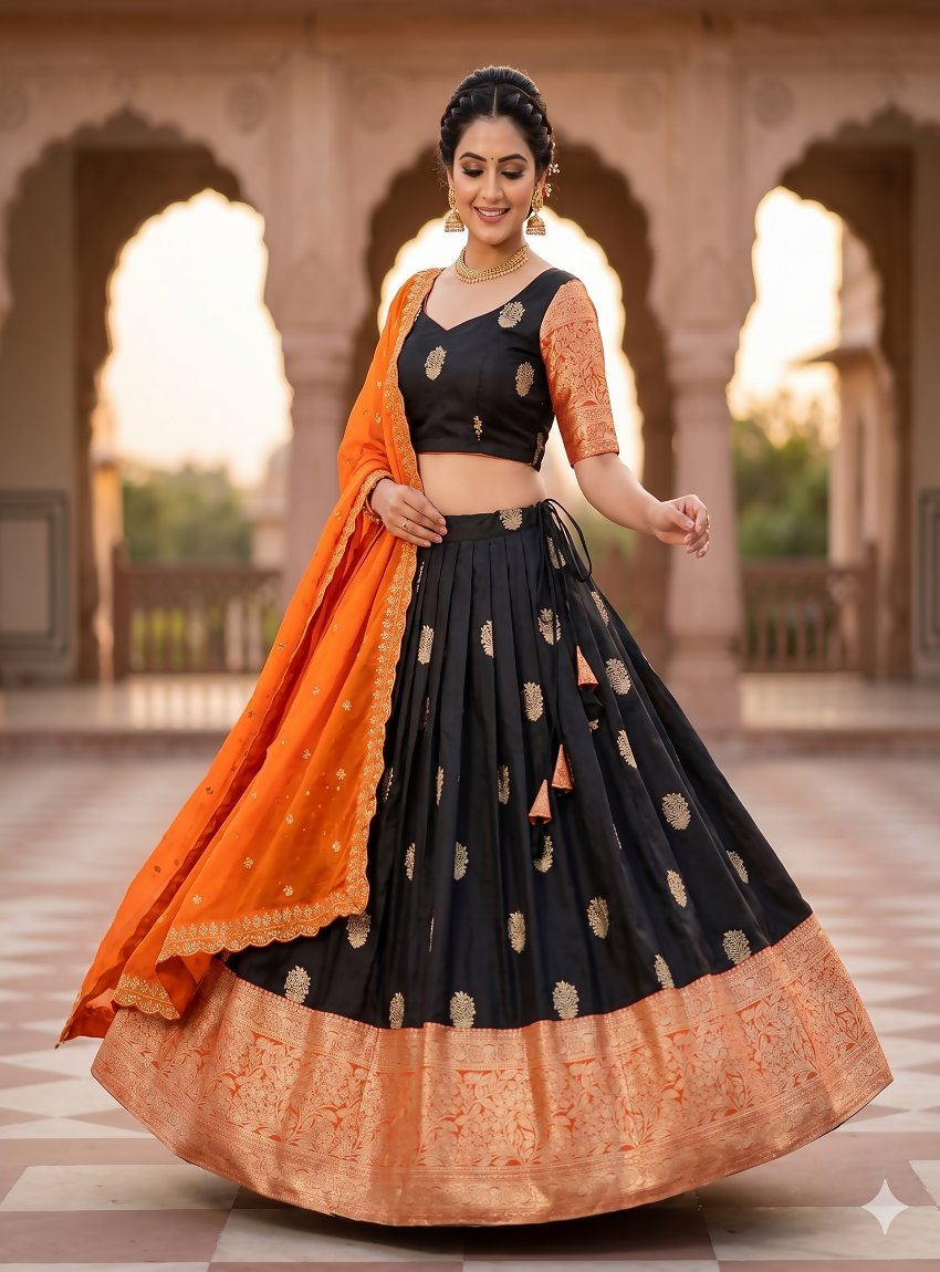 Teeya Creation Elegant Black Border Work Festive Chaniya Choli Set for Women | Grocsy