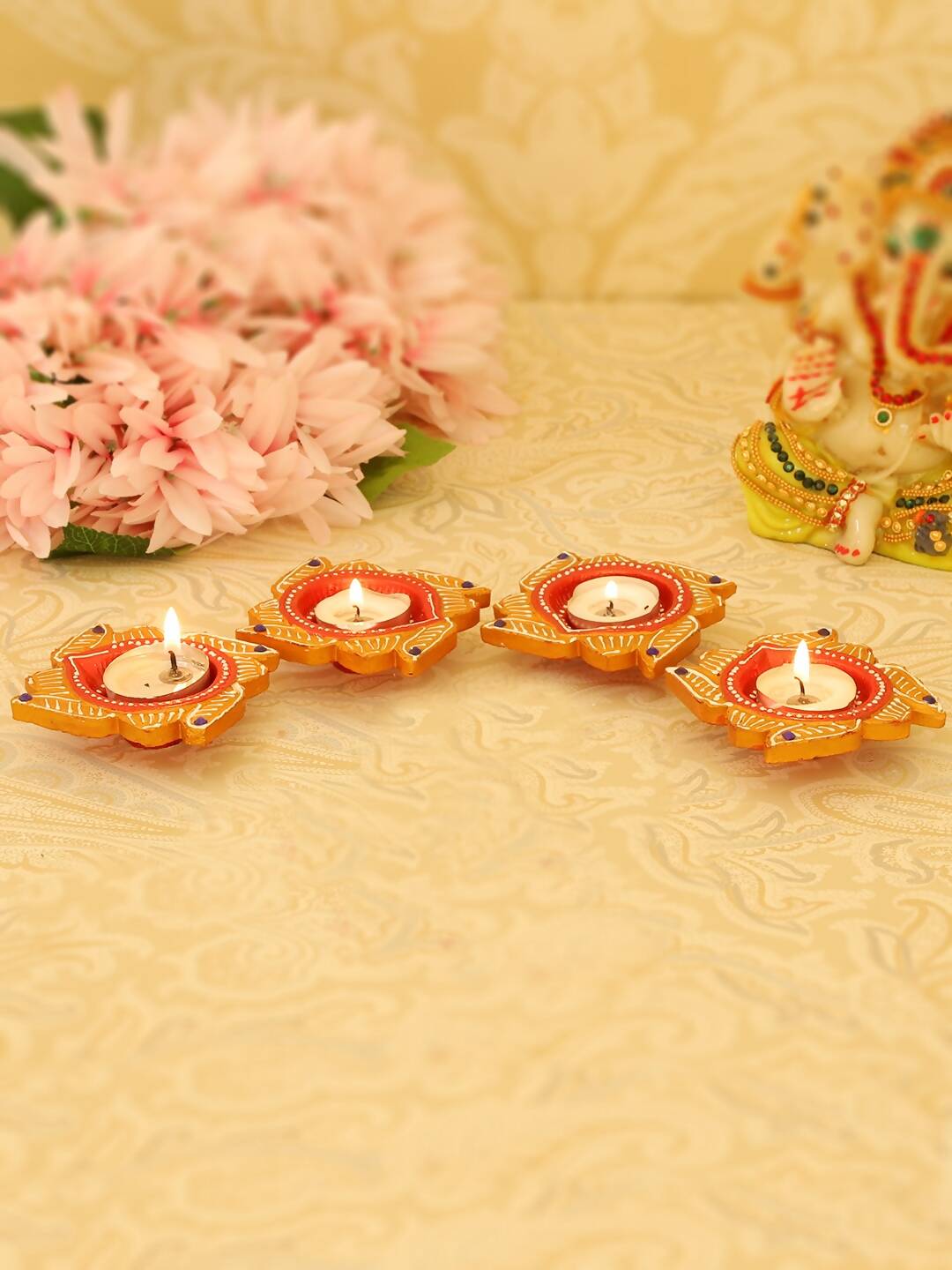 Tied Ribbons Set Of 4 Yellow & Red Printed Terracotta Diyas | Grocsy