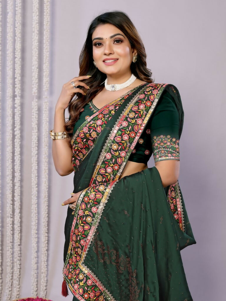 Green Silk Georgette Resham And Zari Embroidery Stone Handwork Saree - Norita Saumya | Grocsy