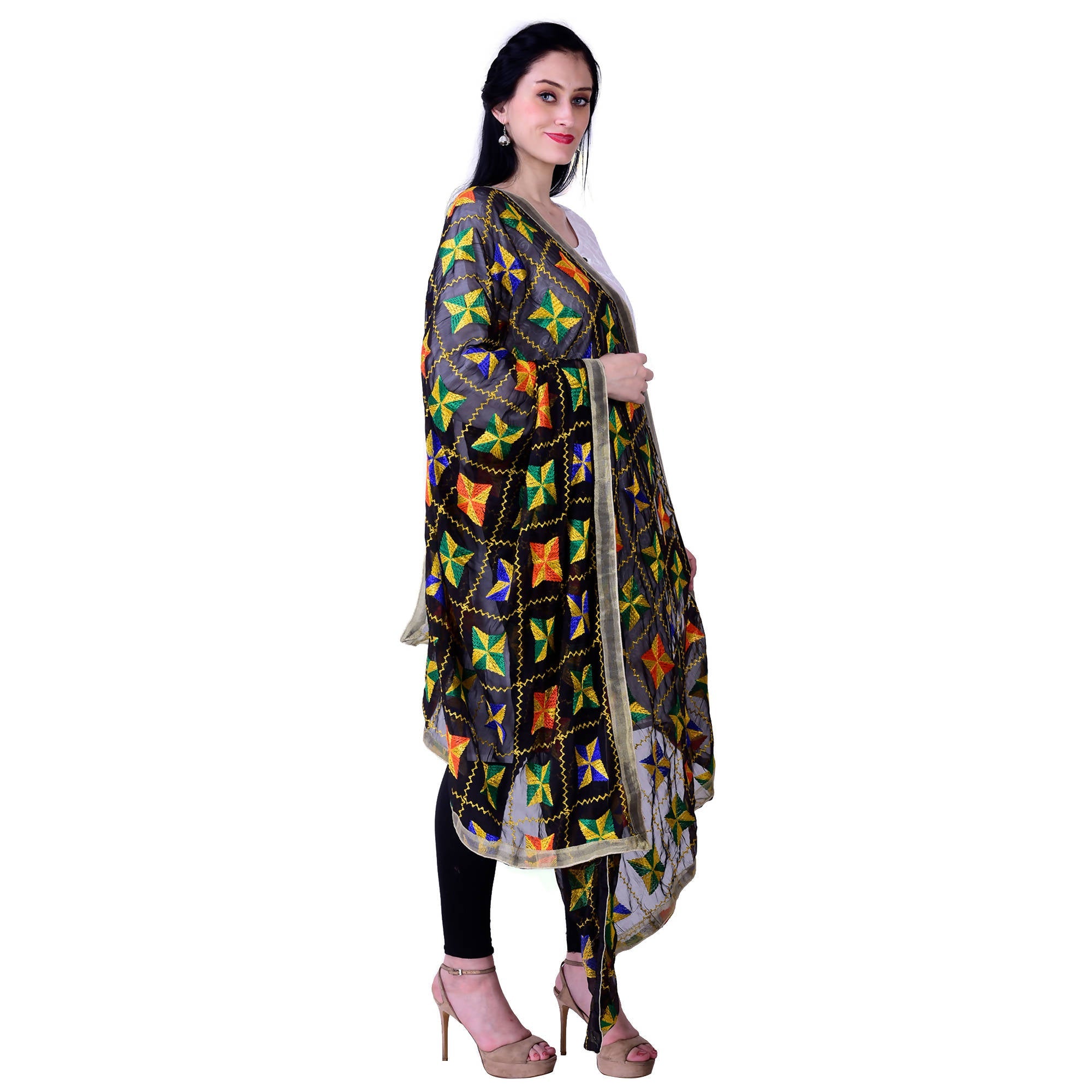SWI Stylish Women's Embroidered Phulkari Chiffon Black Dupatta | Grocsy