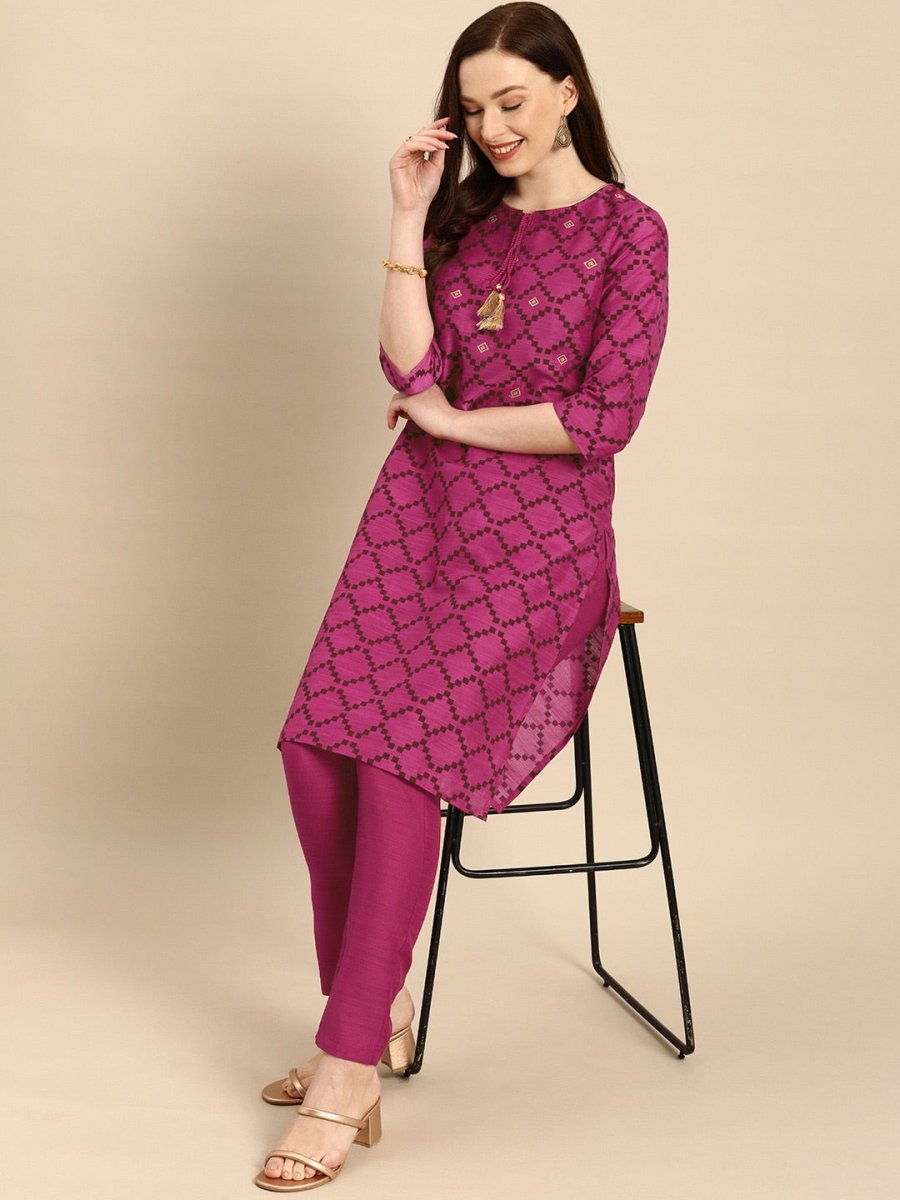 All About You Women Purple & Maroon Printed Kurta with Trousers | Grocsy