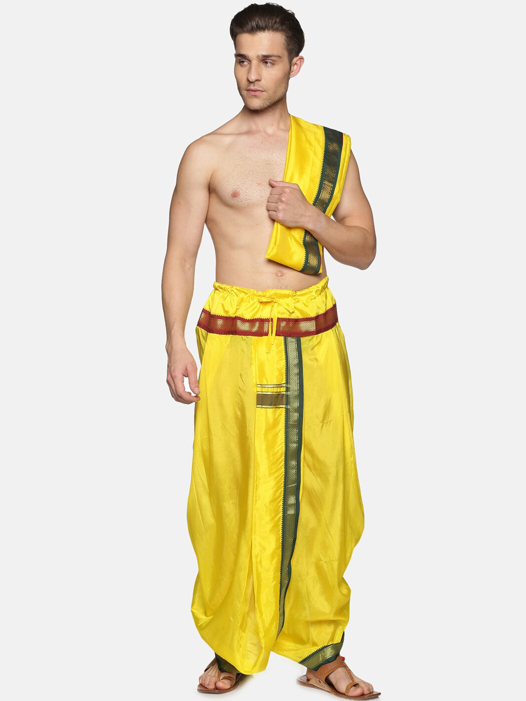 Sethukrishna Men Yellow Readymade Dhoti Pant & Angavastram | Grocsy