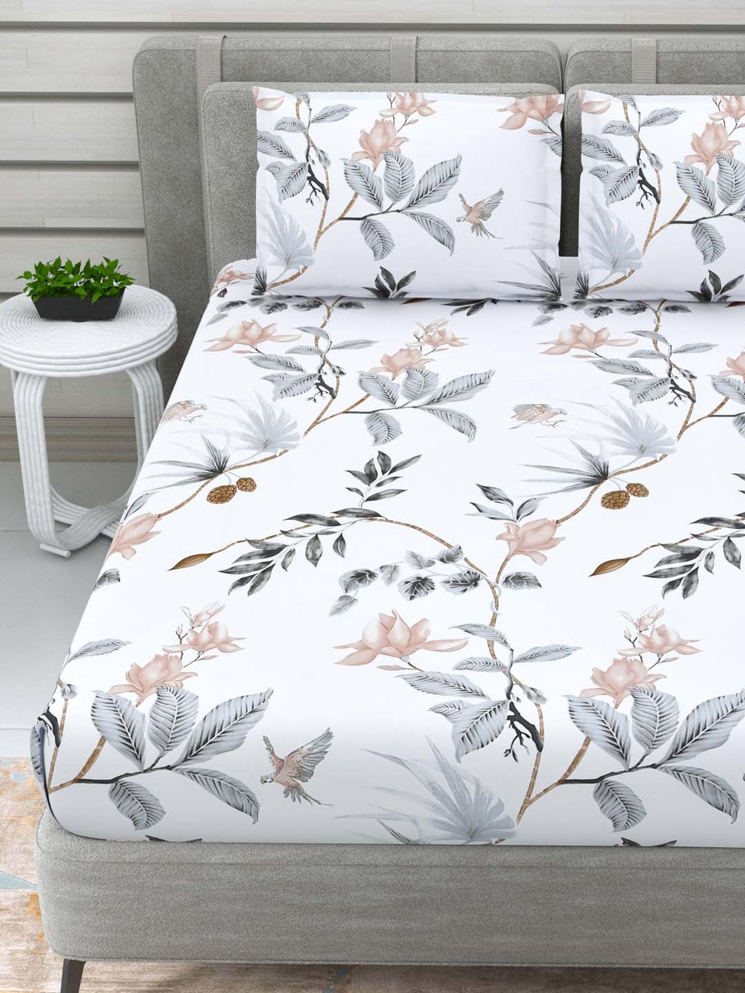 DREAM WEAVERZ White & Grey Floral 220 TC Cotton 1 Double Bedsheet with 2 Pillow Covers | Grocsy