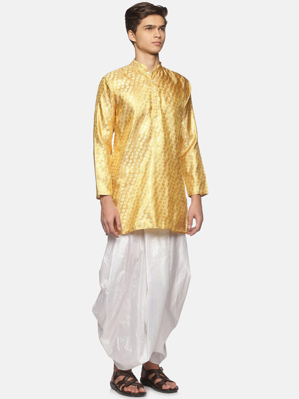 Sethukrishna Men Gold-Toned Ethnic Motifs Angrakha Kurta with Dhoti Pants | Grocsy