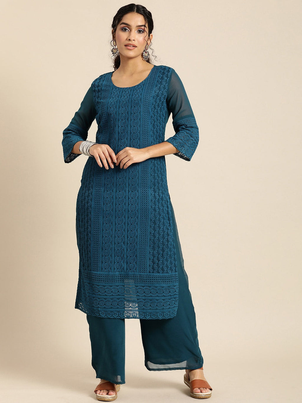 Sangria Women Teal Blue Ethnic Motifs Chikankari Kurta with Palazzos | Grocsy