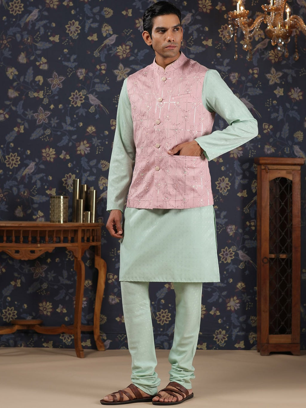 House of Pataudi Mandarin Collar Straight Kurta With Churidar & Embroidered Nehru Jacket | Grocsy