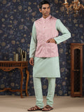 House of Pataudi Mandarin Collar Straight Kurta With Churidar & Embroidered Nehru Jacket | Grocsy