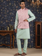 House of Pataudi Mandarin Collar Straight Kurta With Churidar & Embroidered Nehru Jacket | Grocsy