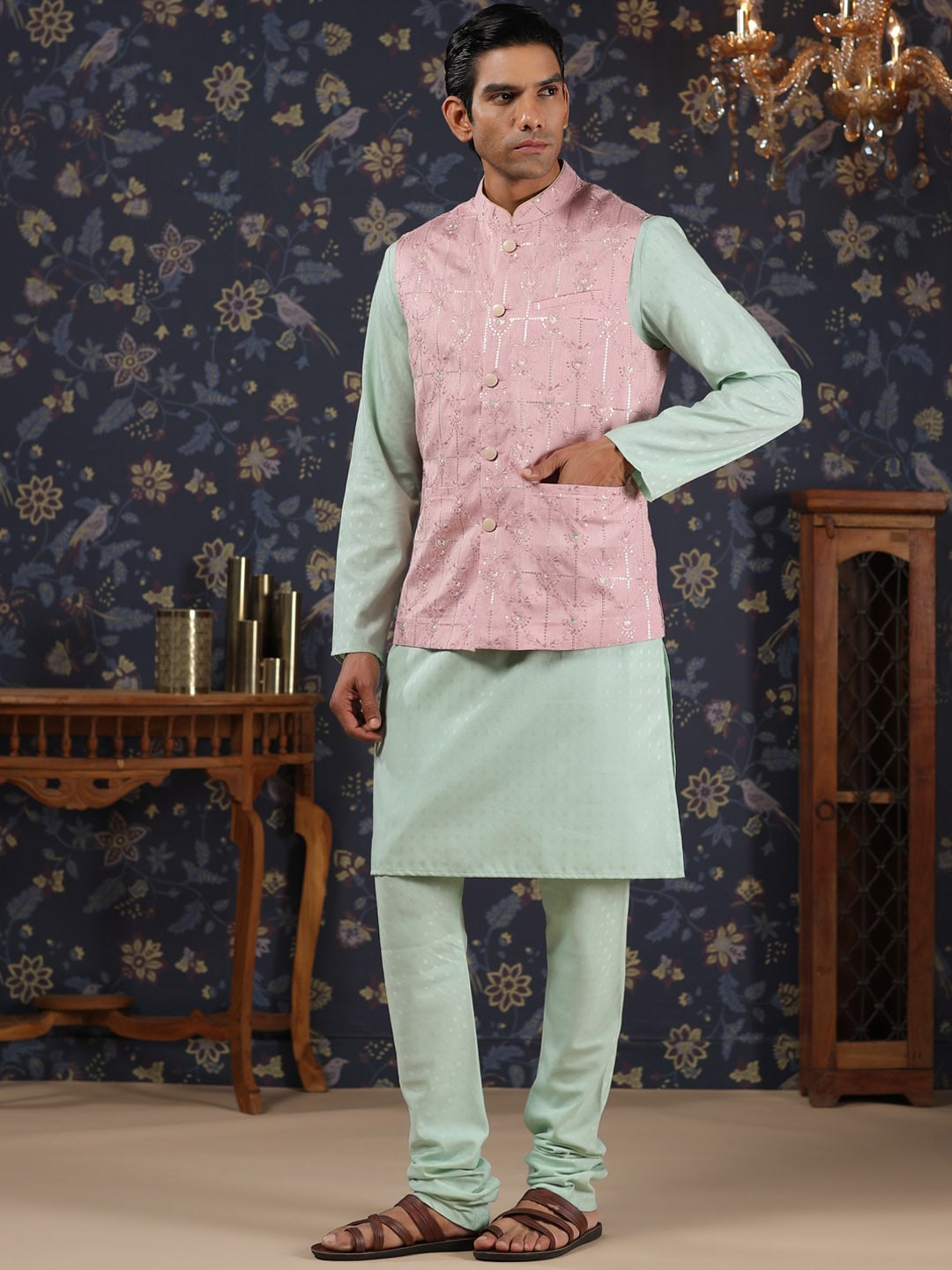 House of Pataudi Mandarin Collar Straight Kurta With Churidar & Embroidered Nehru Jacket | Grocsy