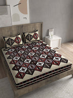 Spangle White & Maroon Ethnic Motifs 260 TC Cotton King Bedsheet with 2 Pillow Covers | Grocsy