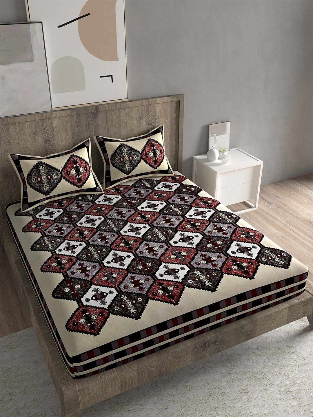 Spangle White & Maroon Ethnic Motifs 260 TC Cotton King Bedsheet with 2 Pillow Covers | Grocsy