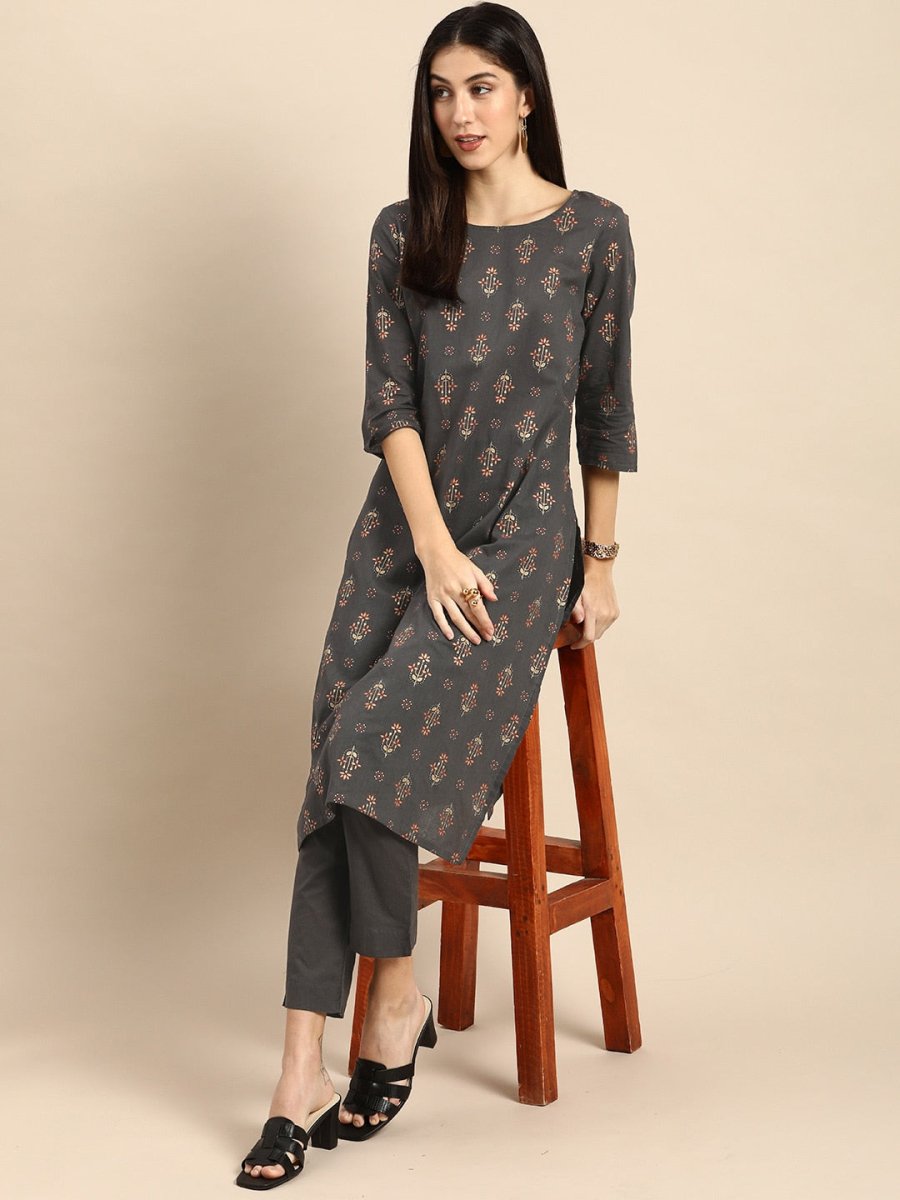 All About You Women Grey Ethnic Motifs Printed Pure Cotton Kurta with Trousers | Grocsy