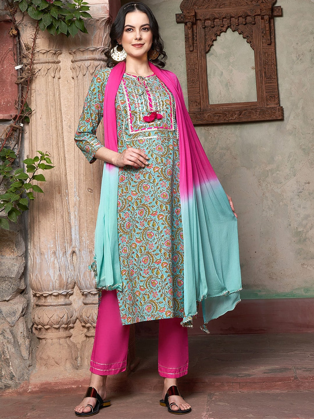 Sangria Ethnic Motifs Yoke Design Pure Cotton Kurta With Trousers & Dupatta | Grocsy