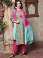 Sangria Ethnic Motifs Yoke Design Pure Cotton Kurta With Trousers & Dupatta | Grocsy