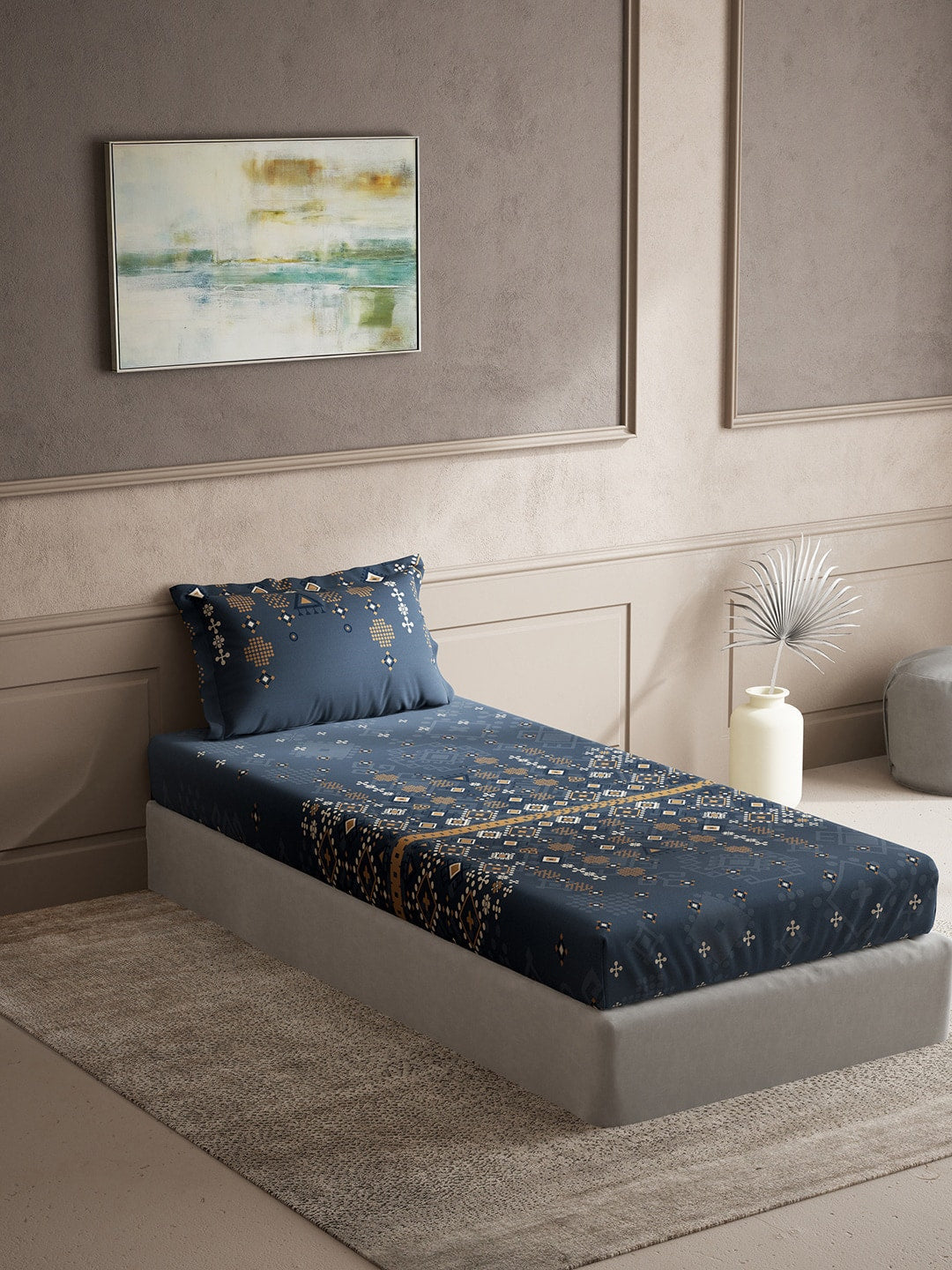 DDecor Blue & Brown Ethnic Motifs Cotton 150 TC Single Bedsheet with 1 Pillow Cover | Grocsy