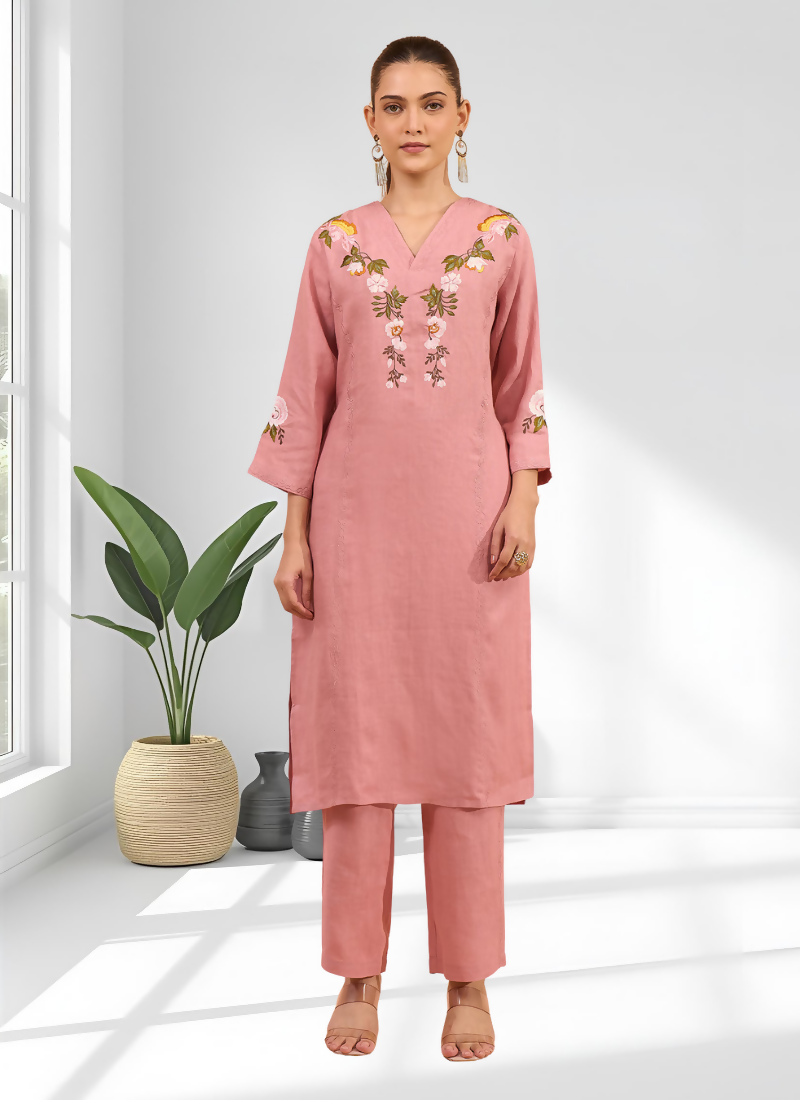 Joban Fashion Pink Linen Embroidered Readymade Long Kurta With Pant | Grocsy