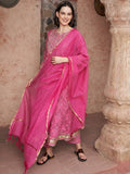 Sangria Bandhani Printed Thread Work Pure Cotton A-Line Kurta with Trousers & Dupatta | Grocsy