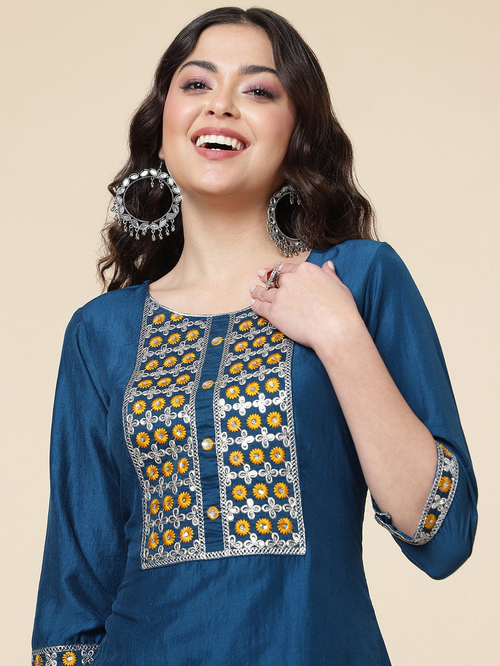 HERE&NOW Ethnic Motifs Embroidered Mirror Work Jute Silk Kurta with Trousers & Dupatta | Grocsy