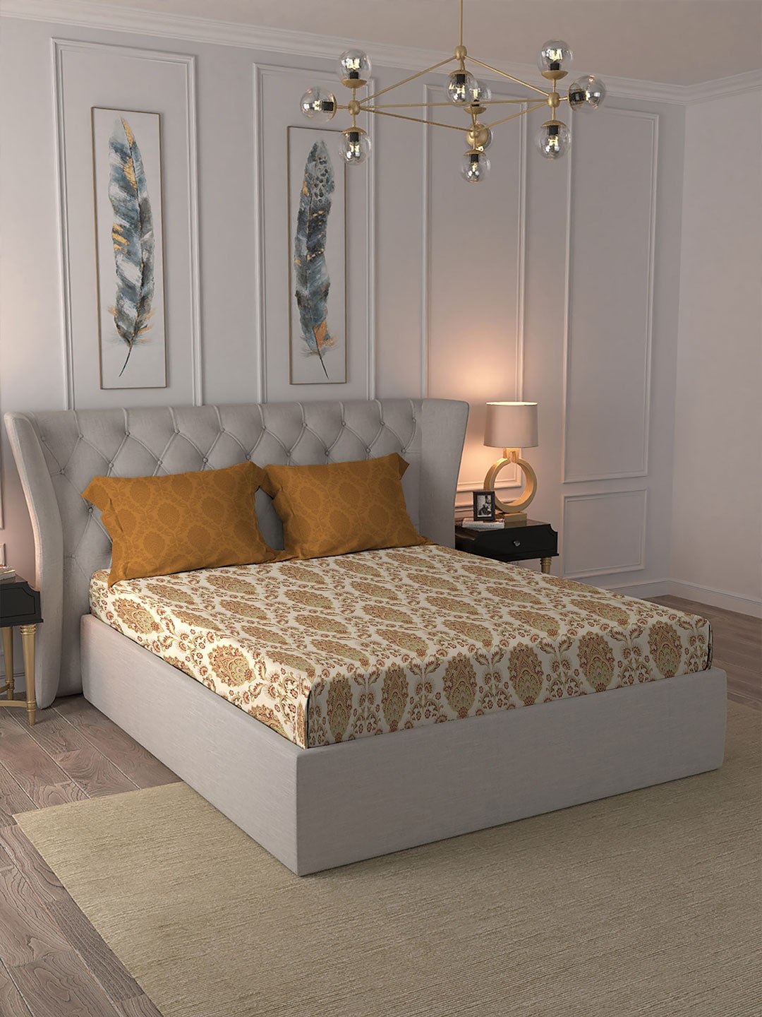 MYTRIDENT Celebration Cream-Coloured Ethnic Cotton 144 TC Queen Bedsheet & 2 Pillow Covers | Grocsy