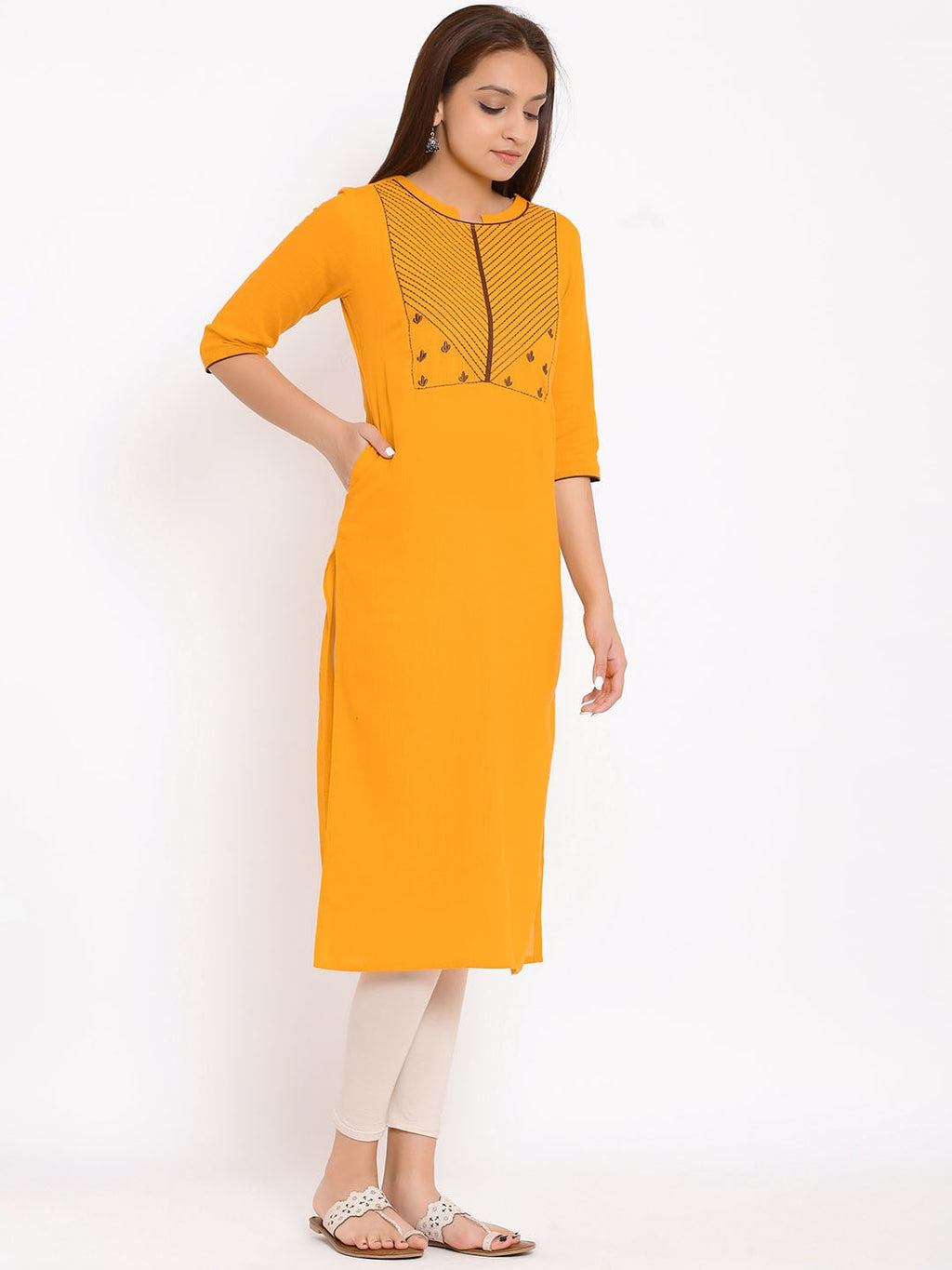 HERE&NOW Yellow Geometric Yoke Design Thread Work Kurta | Grocsy
