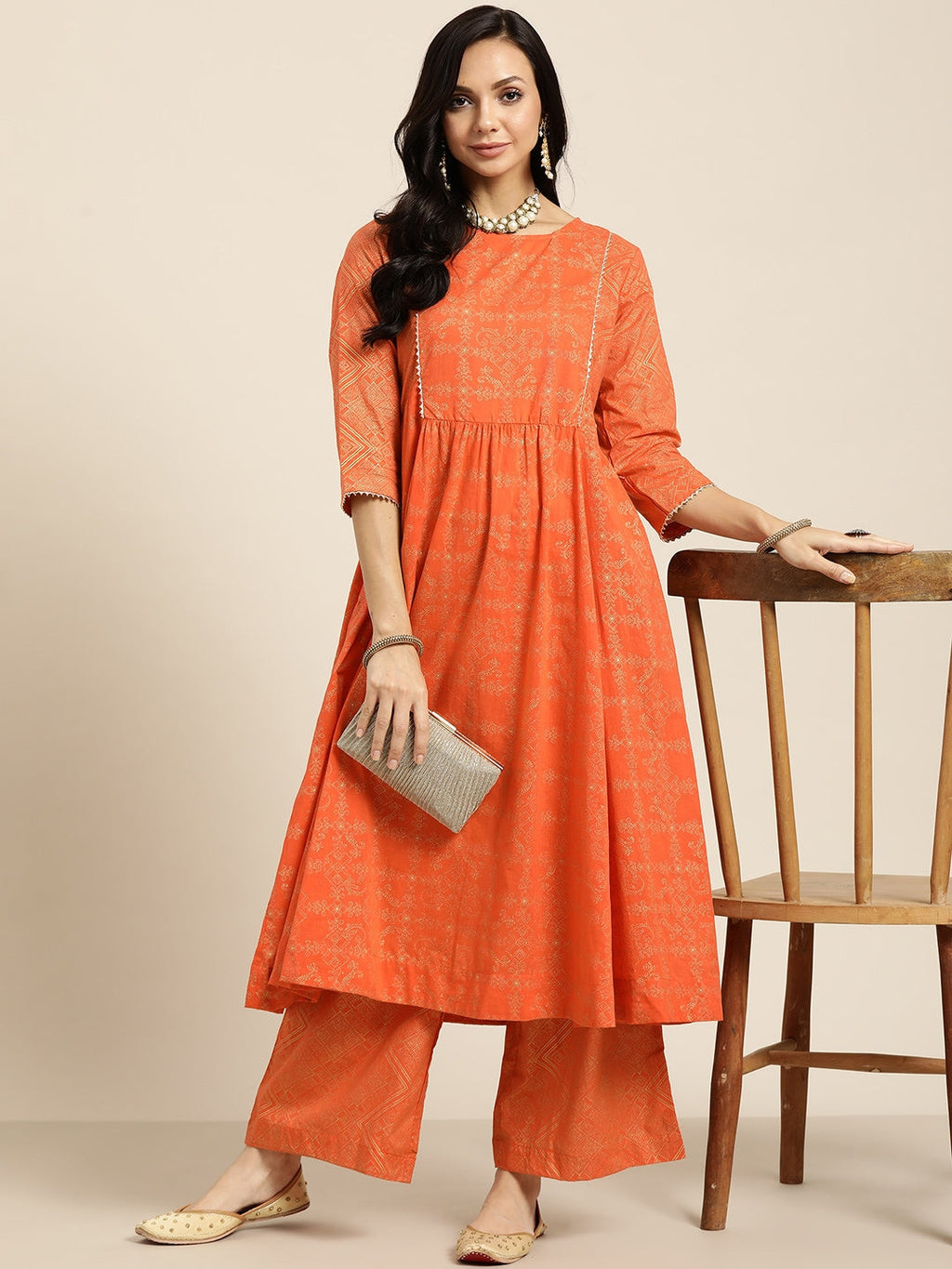 Sangria Women Orange and Golden Ethnic Printed Pure Cotton Kurta with Palazzos | Grocsy