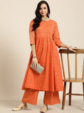 Sangria Women Orange and Golden Ethnic Printed Pure Cotton Kurta with Palazzos | Grocsy