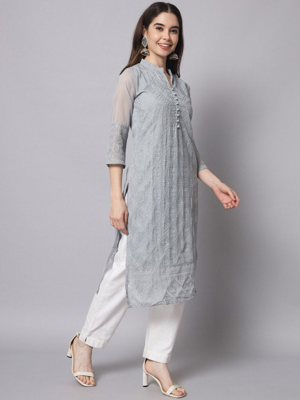 HERE&NOW Women Grey Ethnic Motifs Embroidered Thread Work Georgette Kurta | Grocsy