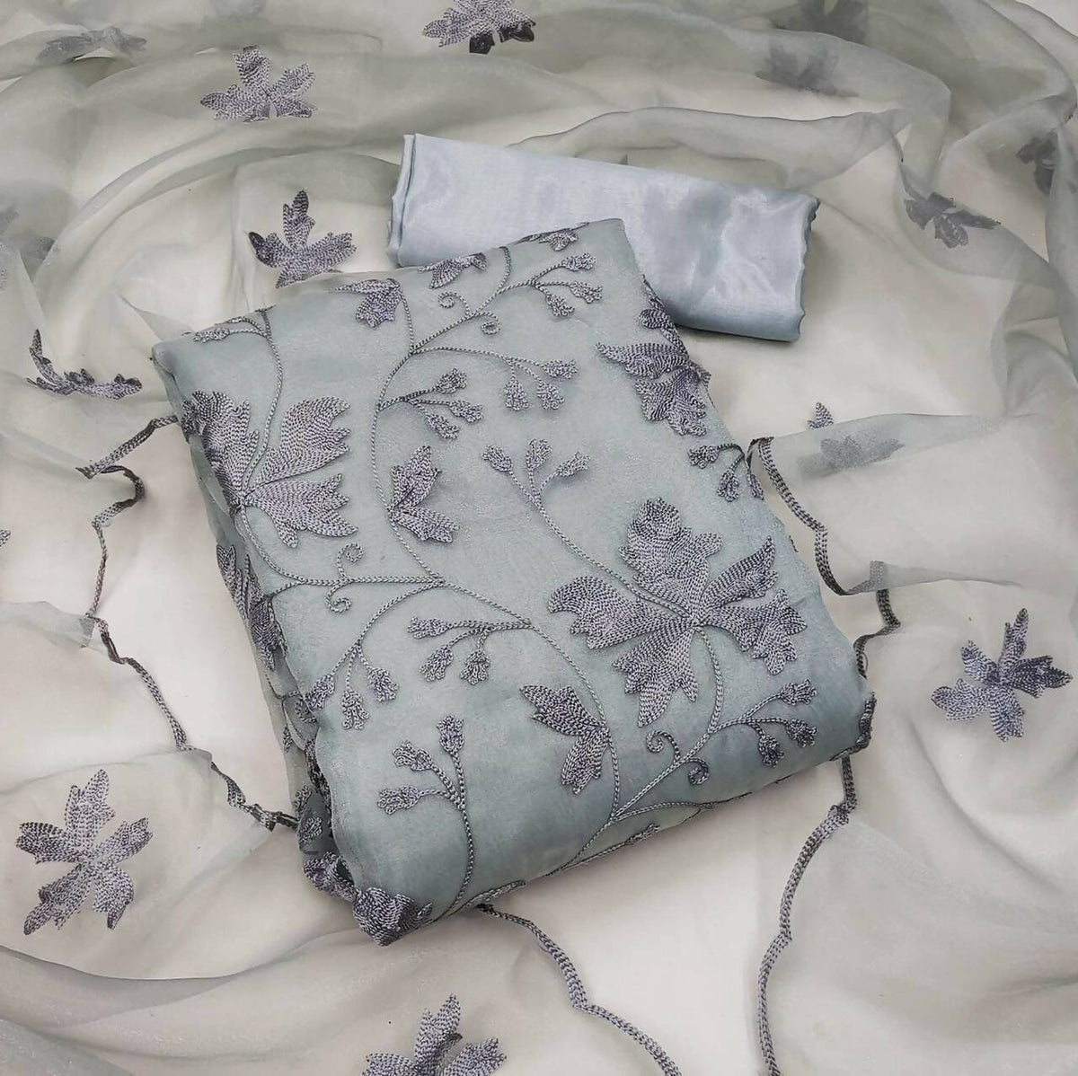 Grey Heavy Organza Silk Embroidered Unstitched Dress Material - Amara | Grocsy