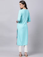 Souchii Women Blue & Pink Embroidered Round Neck Straight Kurta | Grocsy