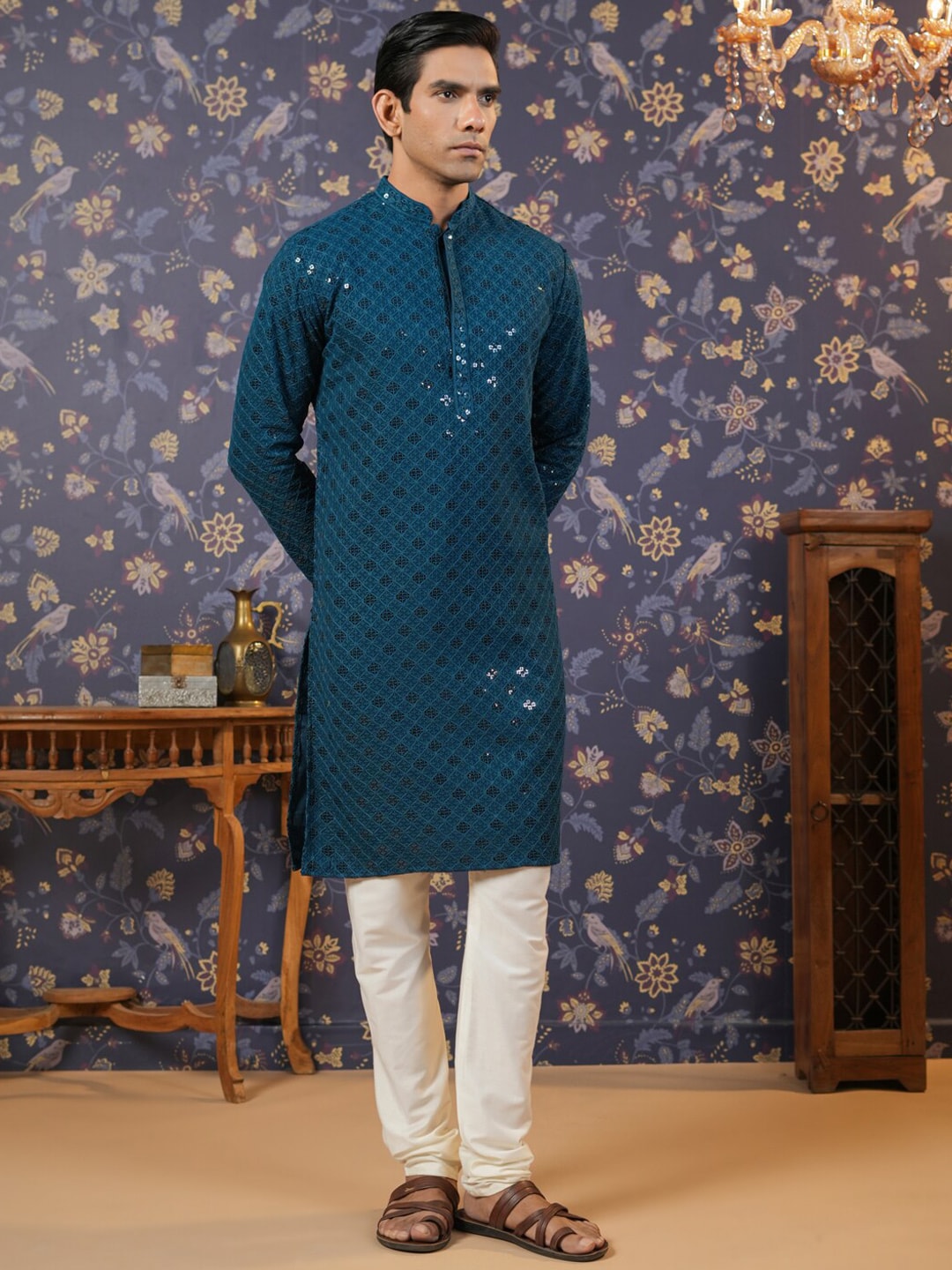 House of Pataudi Ethnic Motifs Embroidered Sequinned Straight Kurta With Churidar | Grocsy