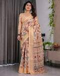 PR Fashion Cream Pure Handloom Linen Saree | Grocsy