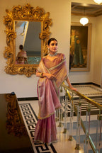 Vastranavya Baby Pink Tissue Shimmer Zari Weaving Work Saree with Unstitched Blouse | Grocsy