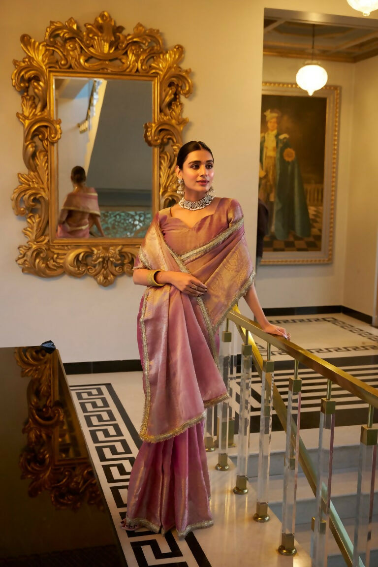 Vastranavya Baby Pink Tissue Shimmer Zari Weaving Work Saree with Unstitched Blouse | Grocsy
