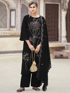 Jyoti Fashion Women's Black Velvet Resham Thread with Jari & Sequin Kurta with Trouser & Dupatta | Grocsy