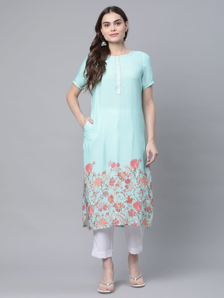 Ahalyaa Women Sky Blue Rayon Printed Kurta Pant Set | Grocsy