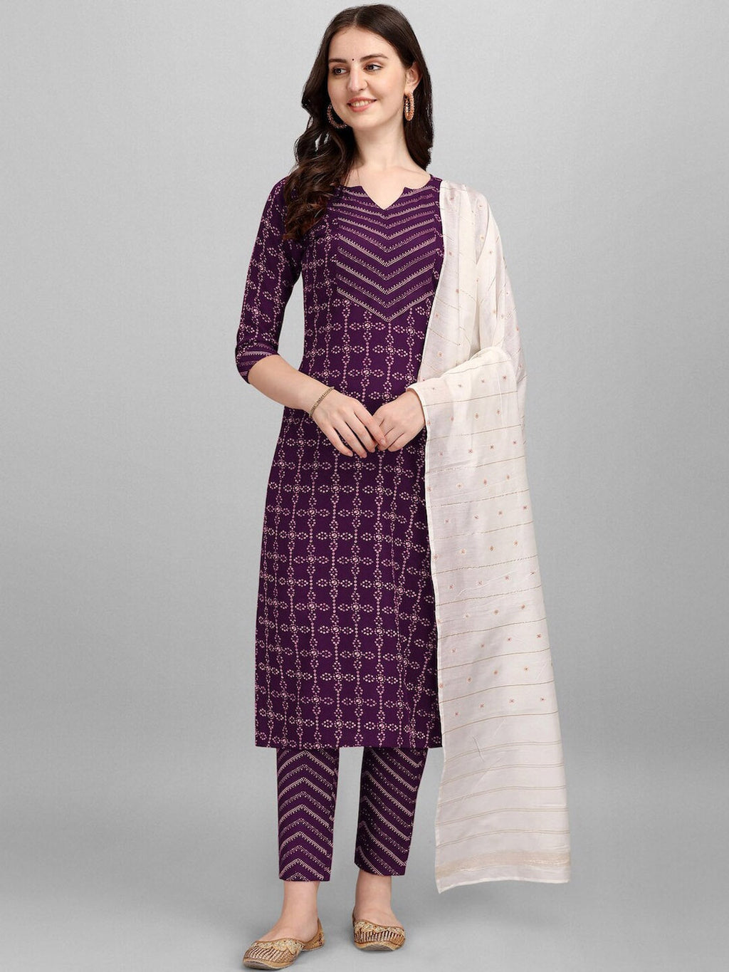 HERE&NOW Purple Ethnic Motifs Printed Pure Cotton Kurta with Trousers & With Dupatta | Grocsy